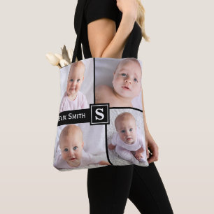 Personalised 4 Photo Collage Photo Monogram & Name Tote Bag
