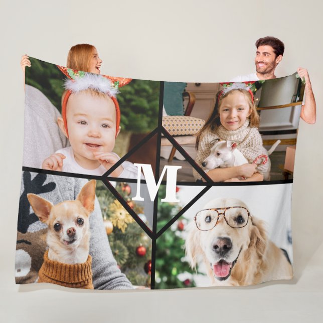 Personalised 4 Photo Collage Red Plaid Monogram Fleece Blanket (In Situ)