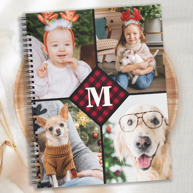 Personalised 4 Photo Collage Red Plaid Monogram Notebook (Creator Uploaded)