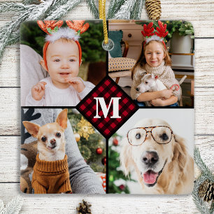 Personalised 4 Photo Monogram Red Buffalo Plaid Ceramic Ornament