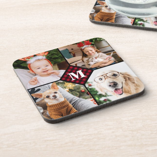 Personalised 4 Photo Monogram Red Buffalo Plaid Coaster (Left Side)