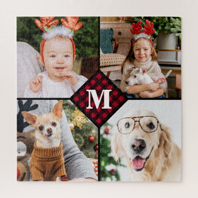 Personalised 4 Photo Monogram Red Buffalo Plaid Jigsaw Puzzle (Vertical)