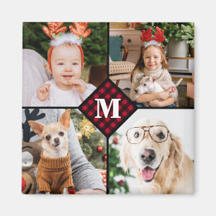 Personalised 4 Photo Monogram Red Buffalo Plaid Magnet