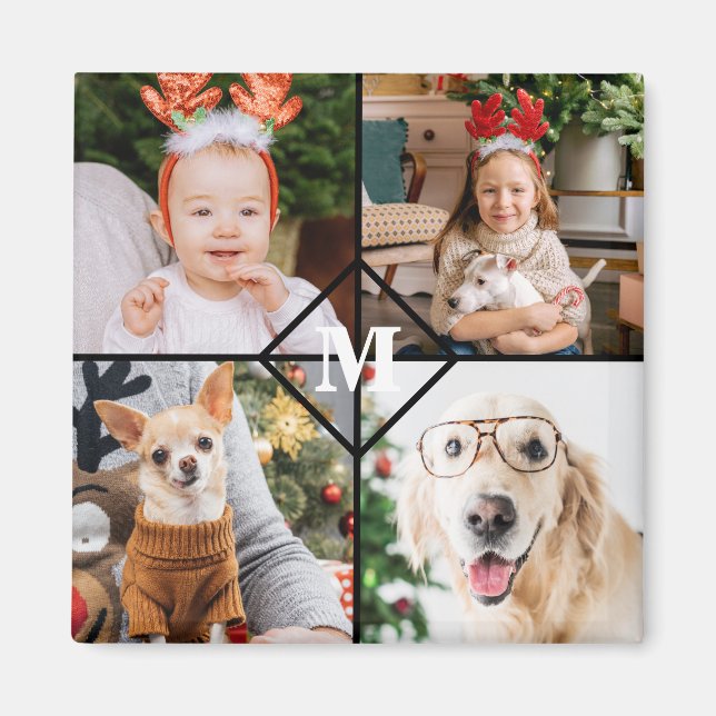 Personalised 4 Photo Monogram Red Buffalo Plaid Magnet (Front)