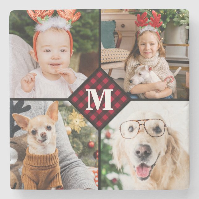 Personalised 4 Photo Monogram Red Buffalo Plaid Stone Coaster (Front)