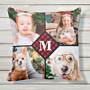 Personalised 4 Photo Red Buffalo Plaid Monogram Cushion