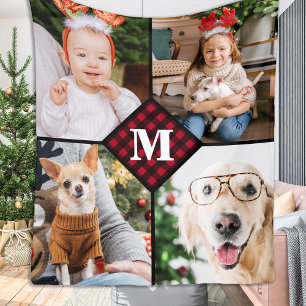 Personalised 4 Photo Red Buffalo Plaid Monogram Fleece Blanket
