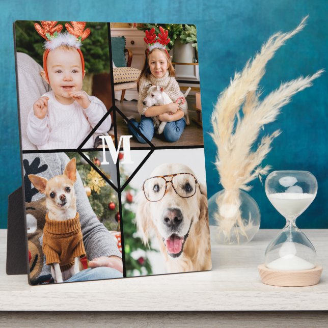 Personalised 4 Photo Red Buffalo Plaid Monogram Plaque (Side)