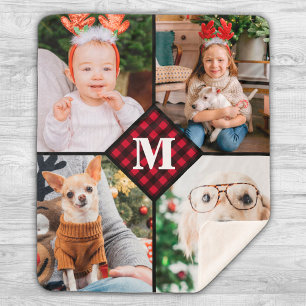 Personalised 4 Photo Red Buffalo Plaid Monogram Sherpa Blanket