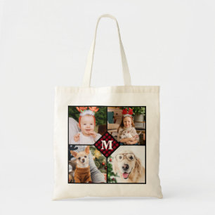 Personalised 4 Photo Red Buffalo Plaid Monogram    Tote Bag