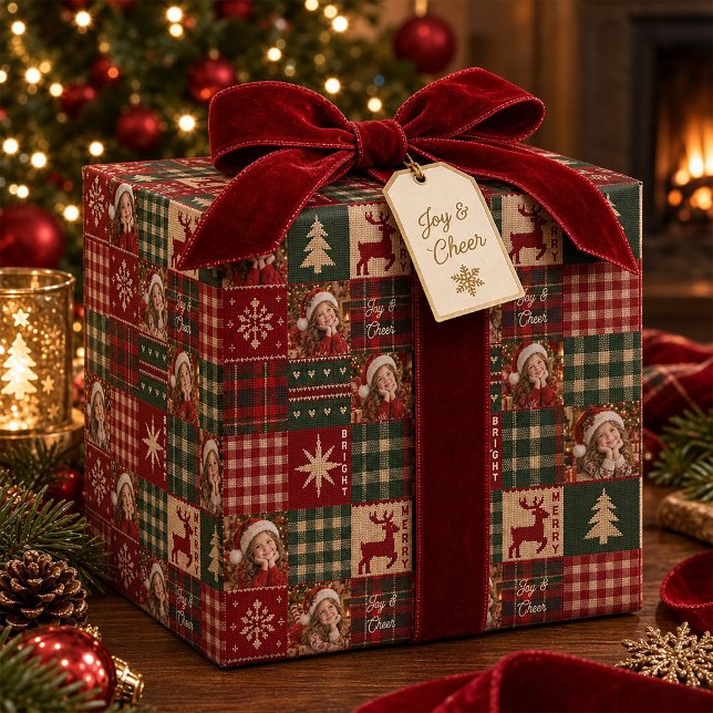 Personalised 4 Photo Rustic Holiday Patchwork  Wrapping Paper (Personalized 4 Photo Rustic Holiday Patchwork Wrapping Paper)