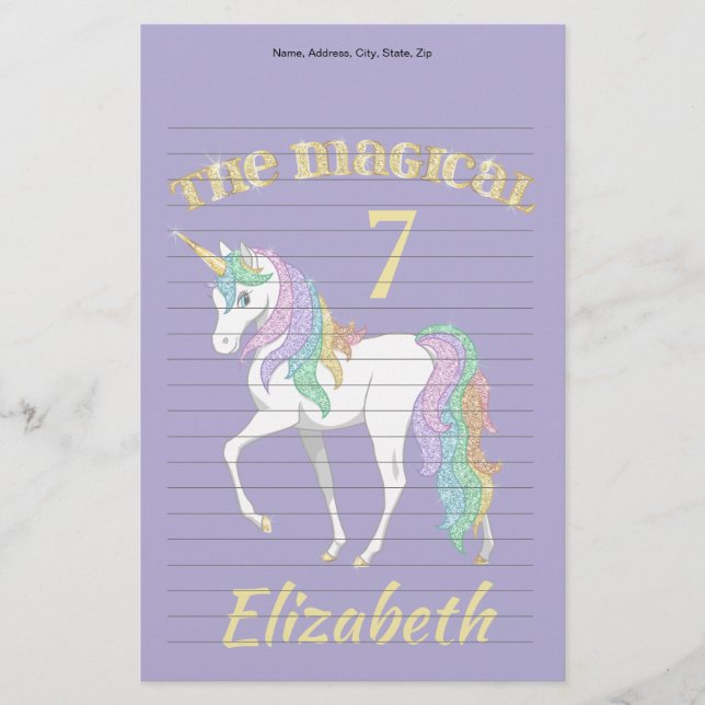 Personalised 4th 5th 6th 7th 8th Birthday Unicorn Stationery (Front)