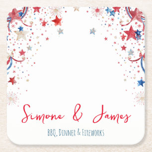 Personalised 4th of July Fireworks Party Decor Square Paper Coaster