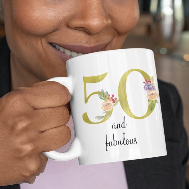 Personalised 50 And Fabulous 50th Birthday Coffee Mug (Personalized 50 and fabulous 50th birthday coffee mug with gold floral 50, and custom text on rear.
)