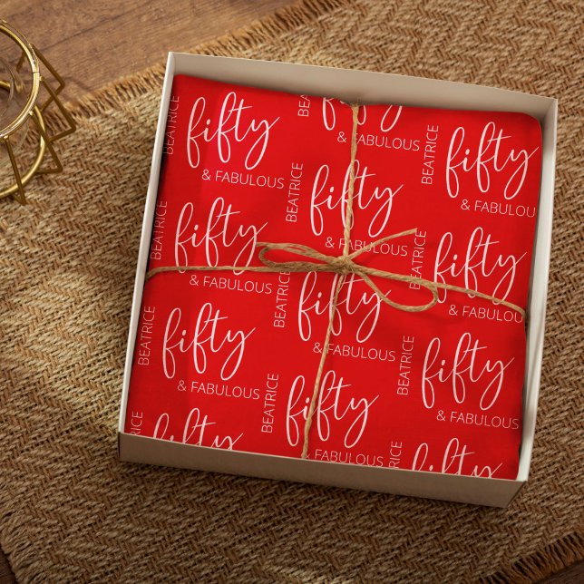 Personalised 50 and Fabulous Birthday Red  Wrapping Paper Sheet (50 and fabulous cherry red gift wrap)