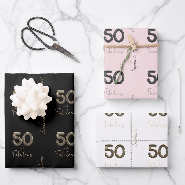 Personalised 50 and Fabulous Black Blush White  Wrapping Paper Sheet (Front)