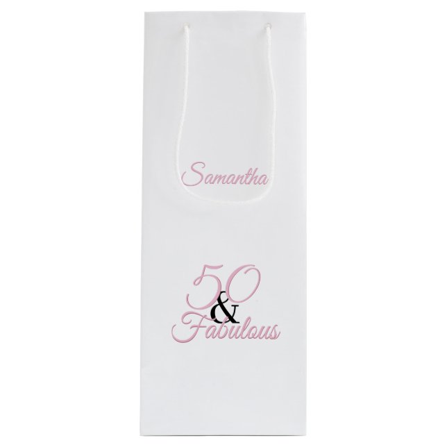 Personalised 50 and fabulous Pink Birthday Wine Gift Bag (Front)