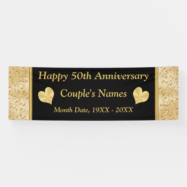 Personalised 50th Anniversary Banner, Black, Gold Banner (Horizontal)