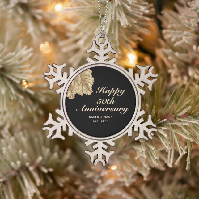 Personalised 50th Anniversary Black Gold Couple Snowflake Pewter Christmas Ornament (Tree)