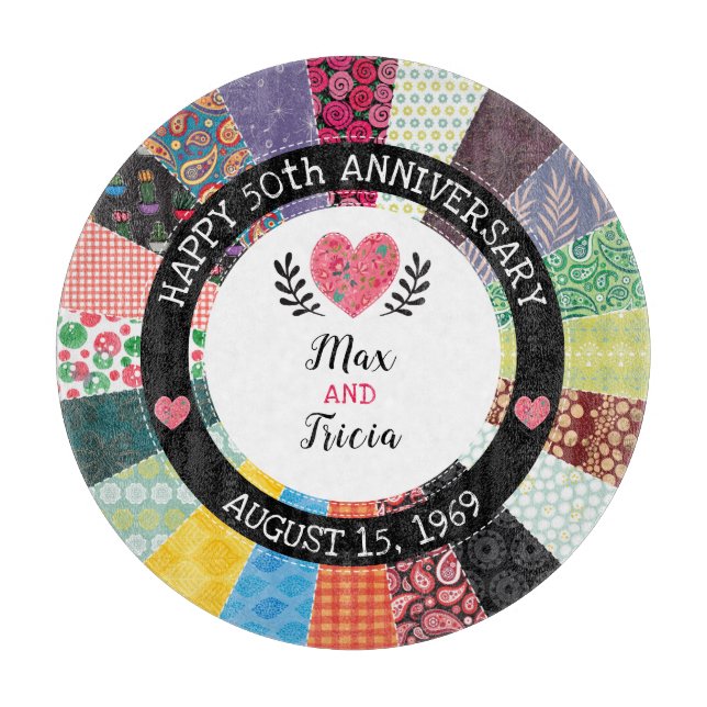 Personalised 50th Anniversary, Patchwork Quilt Cutting Board (Front)