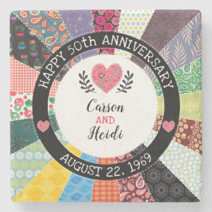 Personalised 50th Anniversary, Patchwork Quilt Stone Coaster