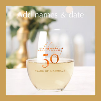 Personalised 50th anniversary peach rose gift stemless wine glass
