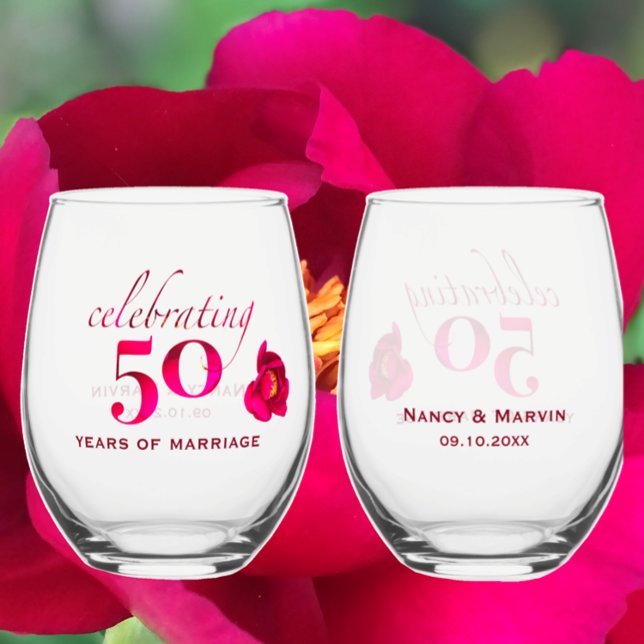 Personalised 50th Anniversary Unique Rose Keepsake Stemless Wine Glass (Create a one-of-a-kind 50th Anniversary gift with this red pink flower design, Personalized keepsake)