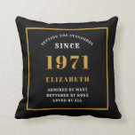 Personalised 50th Birthday 1971 Elegant Chic Black Cushion<br><div class="desc">For those born in 1971 and celebrating their 50th birthday we have the ideal surprise birthday party throw pillow gift. The black background with a white and gold design is simple and yet elegant. Easily customise the text to the front and the interior of these party supplies using the template...</div>