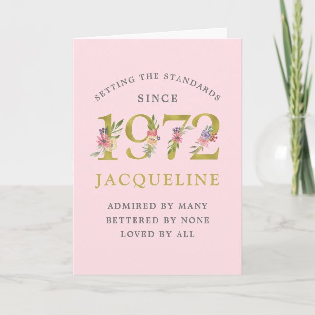 Personalised 50th Birthday 1972 Pink Gold Floral Card (Front)