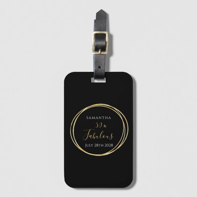 Personalised 50th Birthday Black Gold Luggage Tag (Front Vertical)