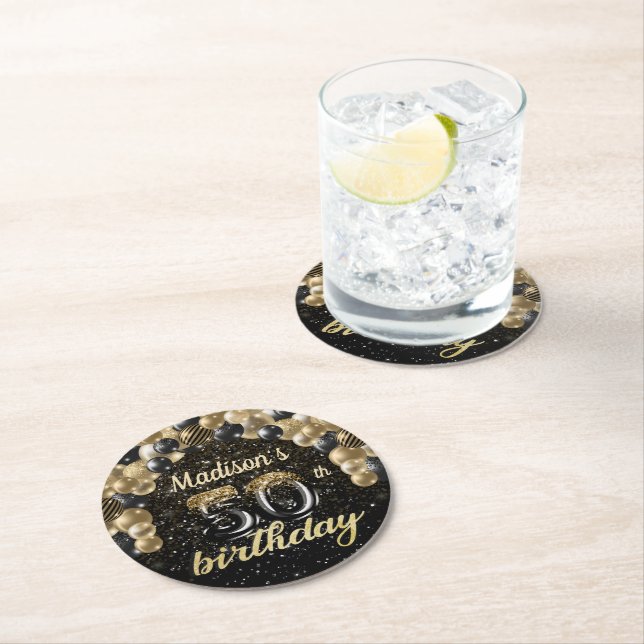 Personalised 50th Birthday Black Gold Round Paper Coaster (Insitu)