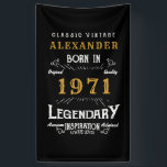 Personalised 50th Birthday Born 1971 Vintage Black Banner<br><div class="desc">A personalised classic party banner for that birthday gentleman born in 1971 and turning 50. Add the name to this vintage retro style black, white and gold design for a custom 50th birthday gift. Easily edit the name and year with the template provided. A wonderful custom black birthday gift. More...</div>