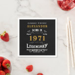 Personalised 50th Birthday Born 1971 Vintage Black Napkin<br><div class="desc">A personalised classic paper napkin design for that birthday celebration for somebody born in 1971 and turning 50. Add the name to this vintage retro style black, white and gold design for a custom 50th birthday gift. Easily edit the name and year with the template provided. A wonderful custom black...</div>