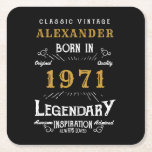 Personalised 50th Birthday Born 1971 Vintage Black Square Paper Coaster<br><div class="desc">A personalised classic paper coaster design for that birthday celebration for somebody born in 1971 and turning 50. Add the name to this vintage retro style black, white and gold design for a custom 50th birthday gift. Easily edit the name and year with the template provided. A wonderful custom black...</div>