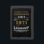 Personalised 50th Birthday Born 1971 Vintage Black Trifold Wallet<br><div class="desc">A personalised wallet for that birthday gentleman born in 1971 and turning 50. Add the name to this vintage retro style black, white and gold design for a custom 50th birthday gift. Easily edit the name and year with the template provided. A wonderful custom black birthday gift. More gifts and...</div>