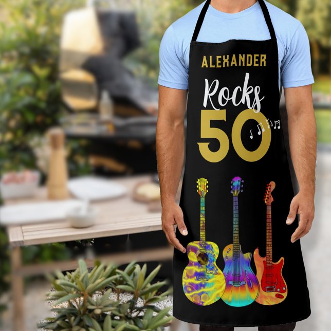 Personalised 50th birthday Guitar Rocks 50 Apron (Personalized 50th birthday vibrant colorful guitar pattern monogram name apron personalized for him)
