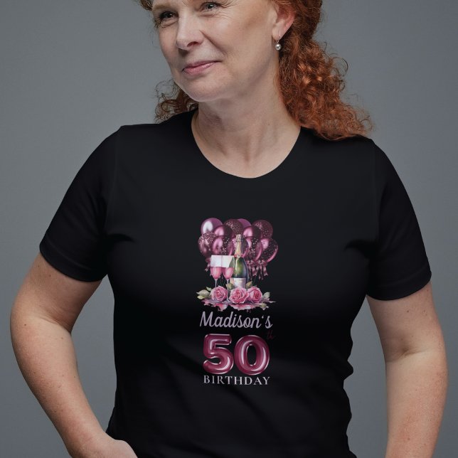 Personalised 50th Birthday Luxury Wine & Balloons T-Shirt (Creator Uploaded)