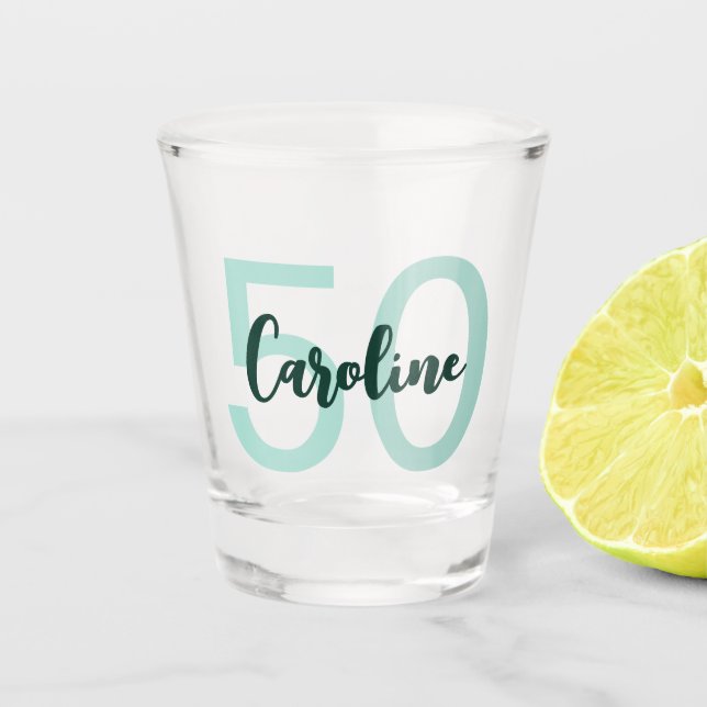 Personalised 50th Birthday Modern Teal Script Shot Glass (Front)