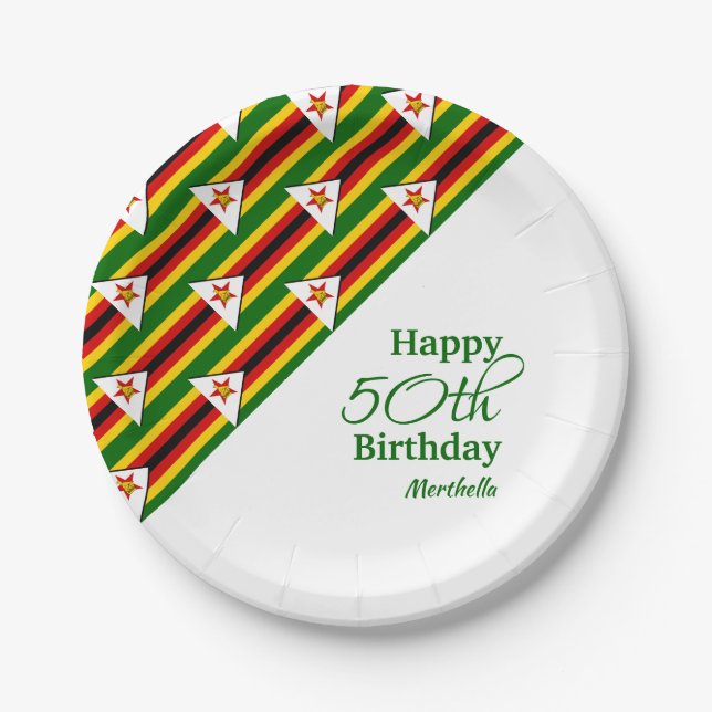 Personalised 50TH BIRTHDAY Zimbabwe Flag Paper Plate (Front)