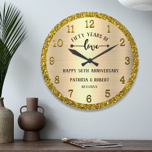 Personalised 50th Gold Wedding Anniversary Glitter Large Clock