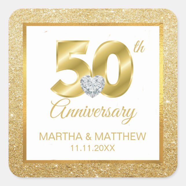 Personalised 50th Gold Wedding Anniversary Square Sticker (Front)