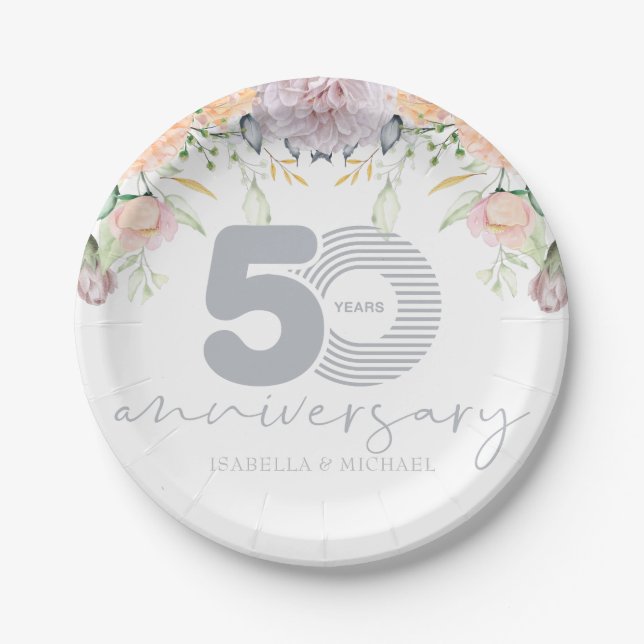 Personalised 50th Wedding Anniversary Floral Paper Plate (Front)