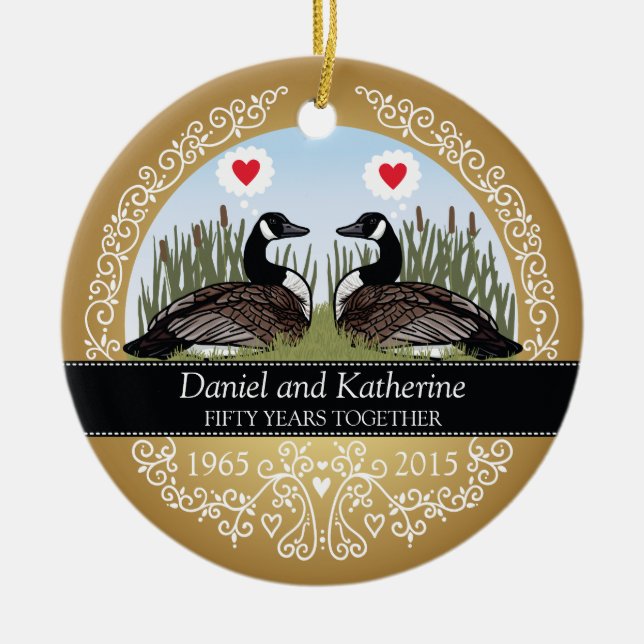 Personalised 50th Wedding Anniversary, Geese Ceramic Tree Decoration (Front)