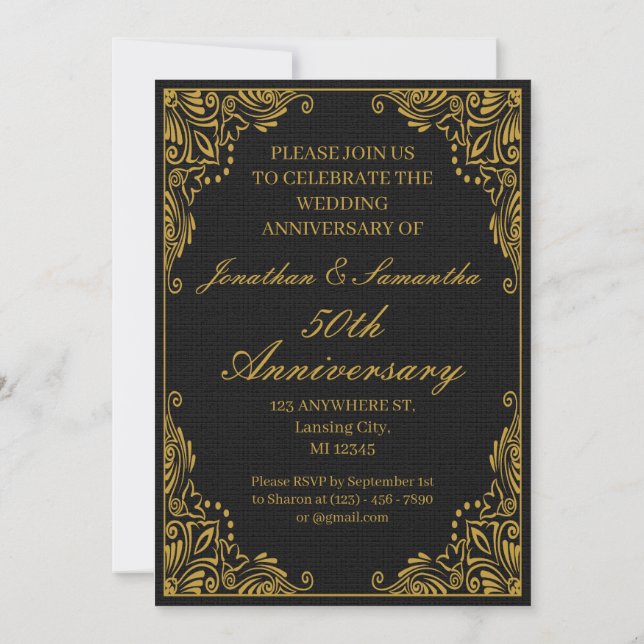 Personalised 50th wedding Anniversary Gold Black Invitation (Back)