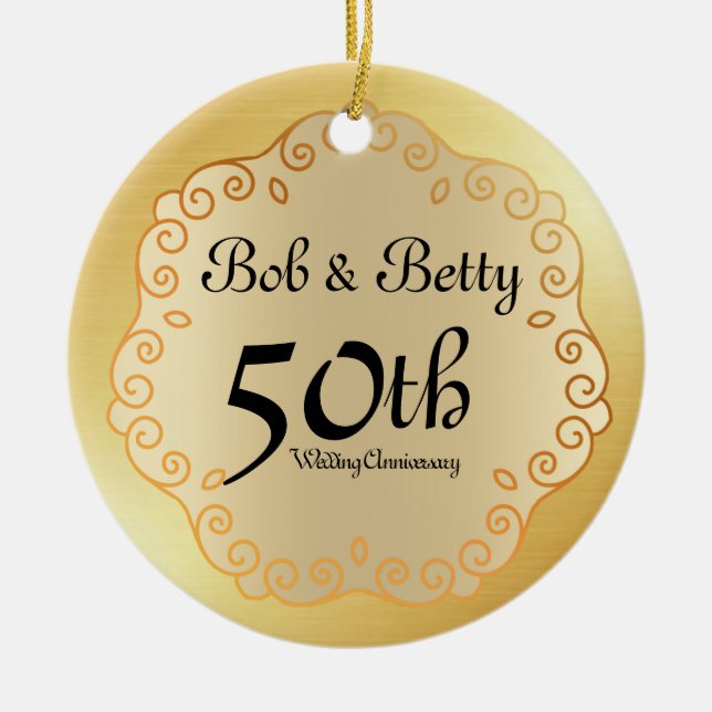 Personalised 50th Wedding Anniversary Gold Ceramic Tree Decoration (Front)