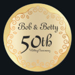 Personalised 50th Wedding Anniversary Gold Classic Round Sticker<br><div class="desc">Elegant gold medallian 50th Wedding Anniversary Christmas sticker. The soft smooth background has a gold medallion design on it. The organic medallion ship is outlined in a deep bronze gold and the interior is a light bronze gold. The couple's name is written in a pretty script. 50th Wedding Anniversary is...</div>
