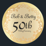 Personalised 50th Wedding Anniversary Gold Classic Round Sticker<br><div class="desc">Elegant gold medallian 50th Wedding Anniversary Christmas sticker. The soft smooth background has a gold medallion design on it. The organic medallion ship is outlined in a deep bronze gold and the interior is a light bronze gold. The couple's name is written in a pretty script. 50th Wedding Anniversary is...</div>