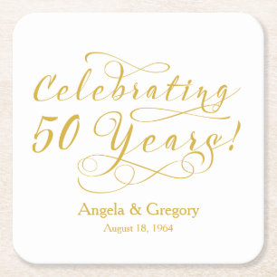 Personalised 50th Wedding Anniversary Gold White Square Paper Coaster