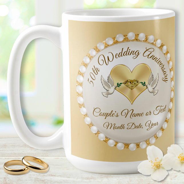 Personalised, 50th Wedding Anniversary Mugs (Golden anniversary presents. What is the symbol for 50th wedding anniversary. Diamonds and Pearls.)