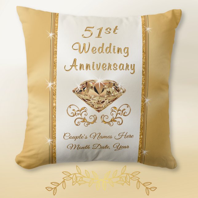 Personalised 51st Wedding Anniversary Gift. Pillow (51 year wedding anniversary gift. 51st anniversary gift for parents, grandparents and couple. Golden)